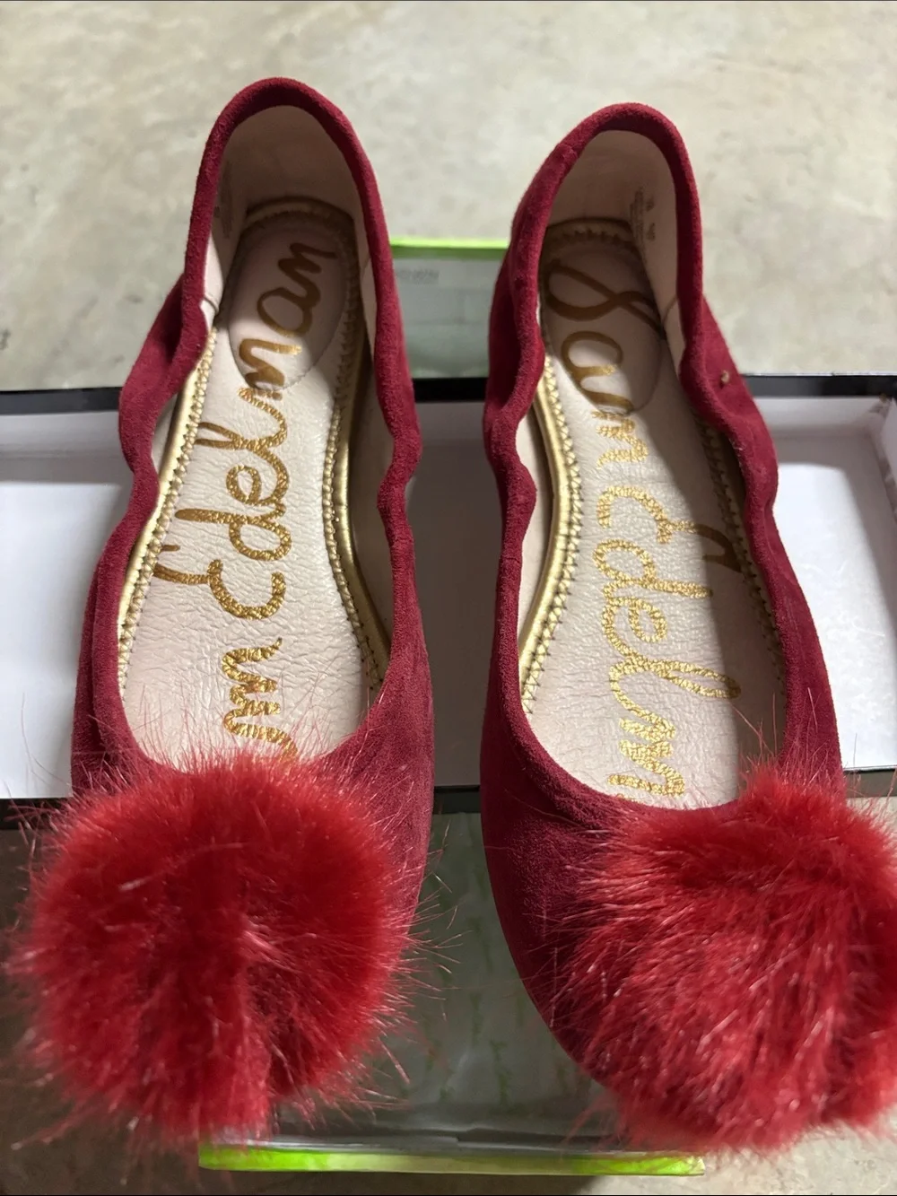 Sam Edelman Burgundy Suede Pom-Pom Ballet Flats